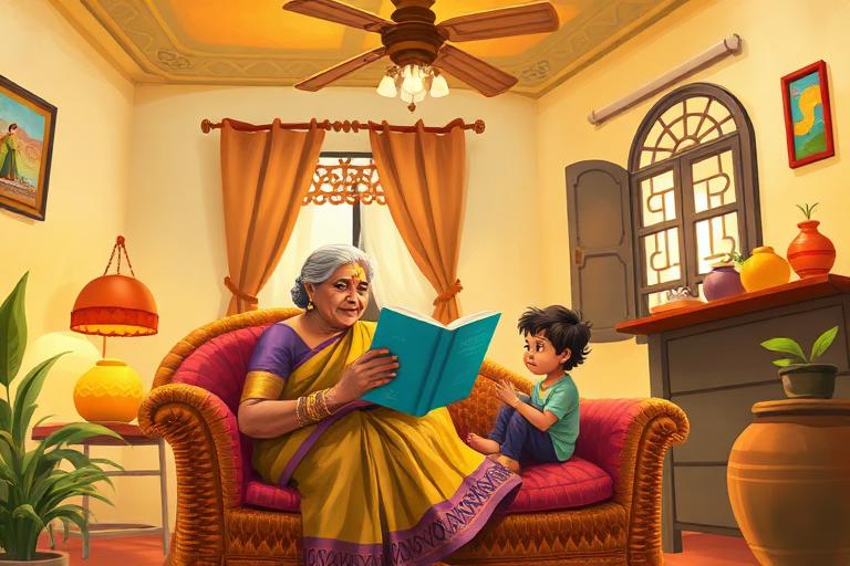 Illustration of an Indian grandmother reading a storybook to her grandchild at home