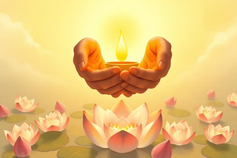 Illustration of cupped hands holding a small oil lamp above lotus flowers