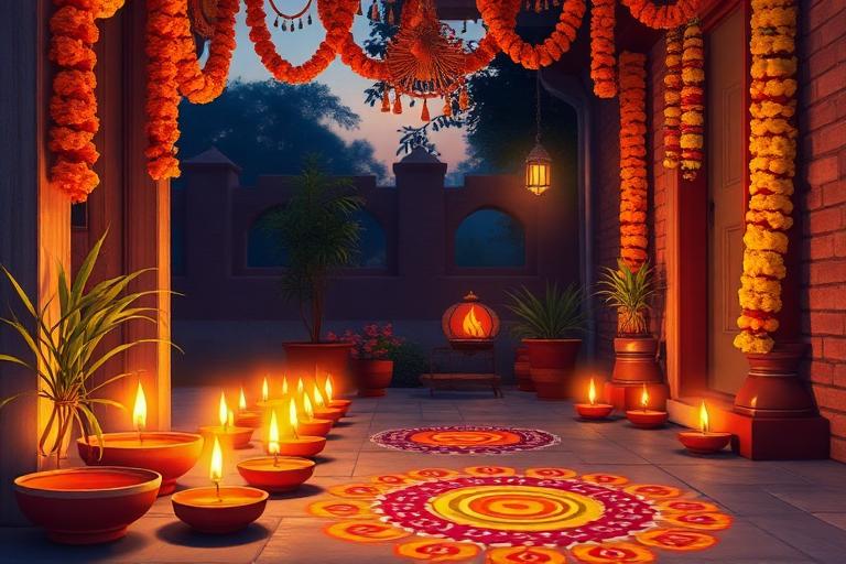 Illustration of clay diyas, rangoli and marigold garlands at an Indian doorway