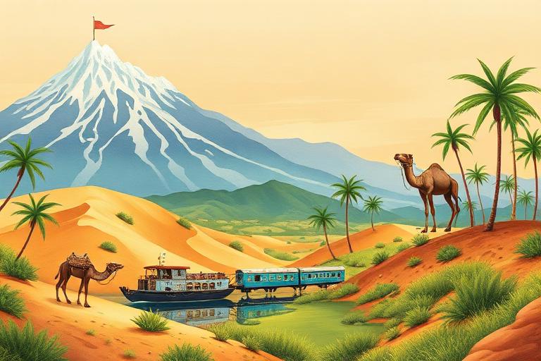 Illustration of Himalayan peaks, desert dunes, a backwater houseboat and a train