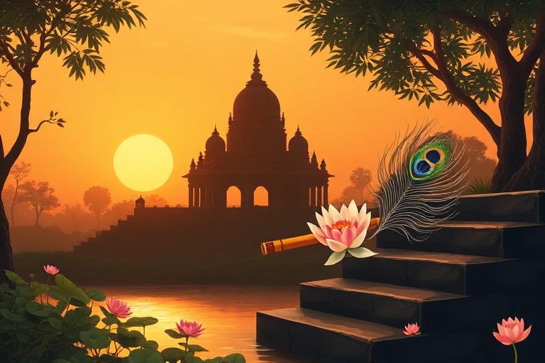 Illustration of a temple at sunrise with a bamboo flute, lotus flowers and a peacock feather