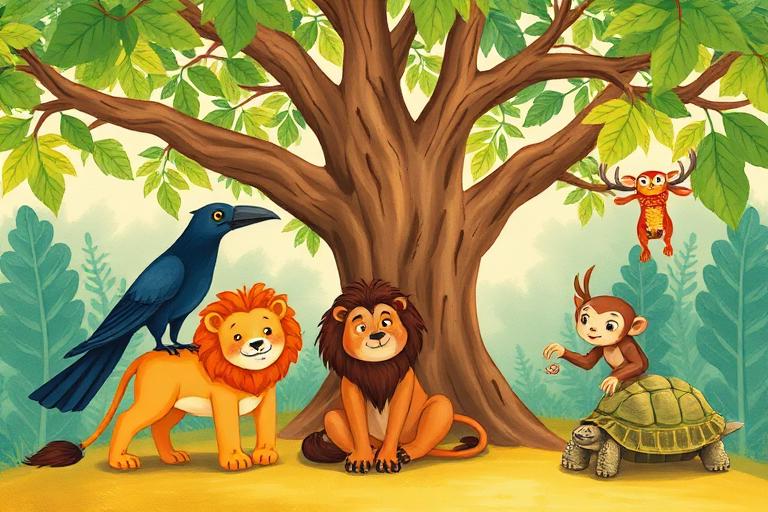 Illustration of Indian forest animals gathered under a banyan tree