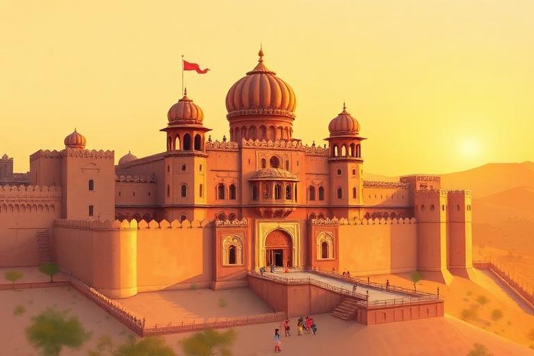 Illustration of a Rajasthani sandstone fort and palace at golden hour