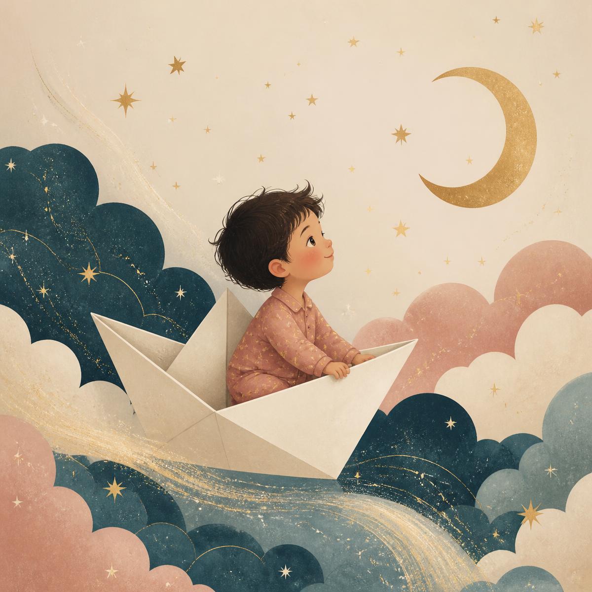 Illustration of a child sailing a paper boat through a starry sky