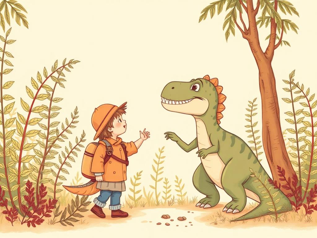 Illustration of a friendly dinosaur in a fern valley