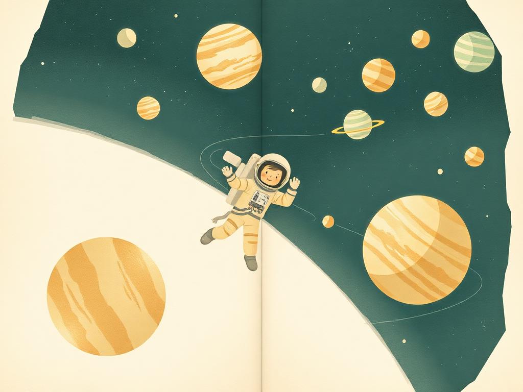 Illustration of a rocket and planets in a starry sky