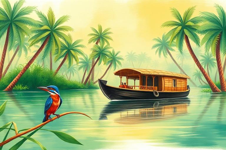 Illustration of a houseboat on the Kerala backwaters with a kingfisher