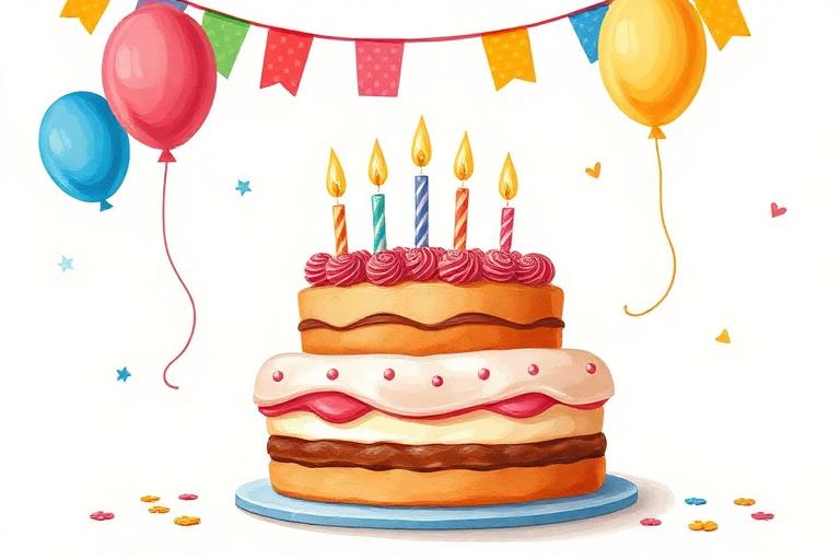 Illustration of a birthday cake with candles and balloons