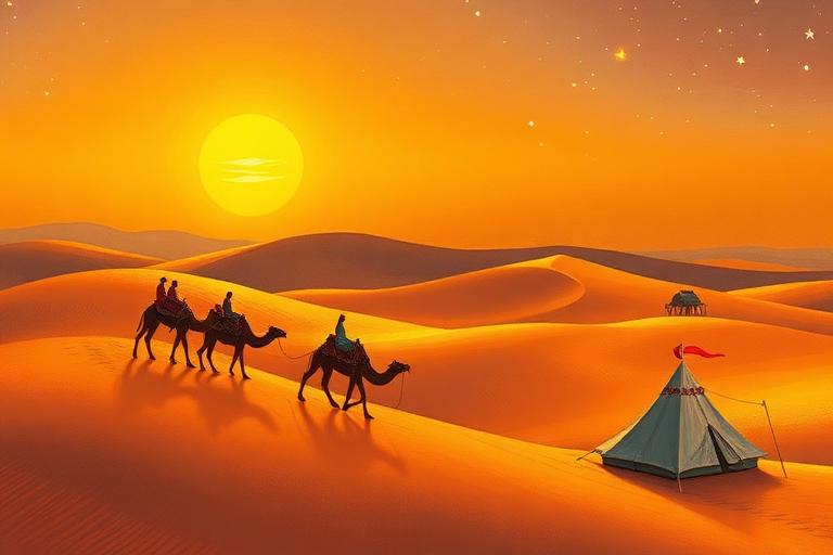 Illustration of a camel caravan on desert dunes at sunset
