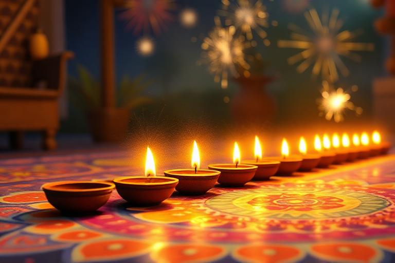 Illustration of glowing diyas on a rangoli floor at night