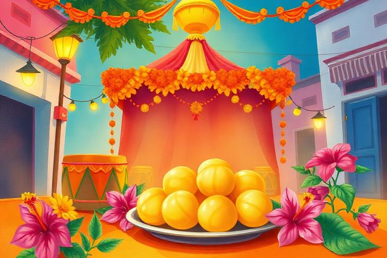 Illustration of a festive neighbourhood pandal with drums and modaks