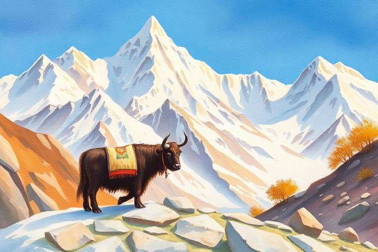 Illustration of snowy Himalayan peaks with a yak on the trail