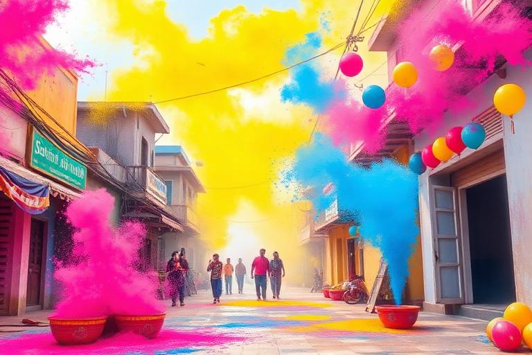 Illustration of colourful Holi gulal clouds over an Indian street