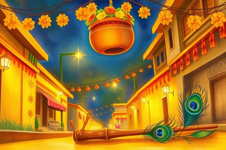 Illustration of a dahi-handi matki hanging above a festive street with a flute