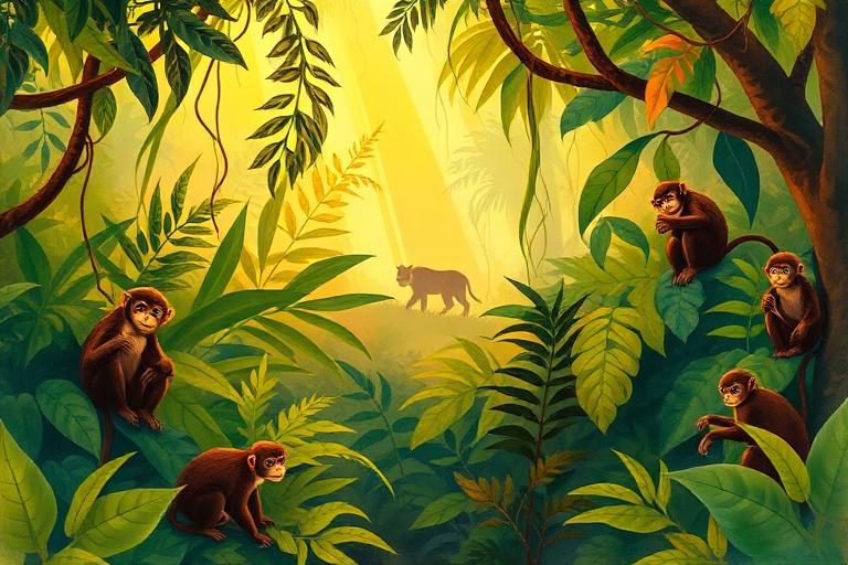 Illustration of a green Indian jungle with langur monkeys