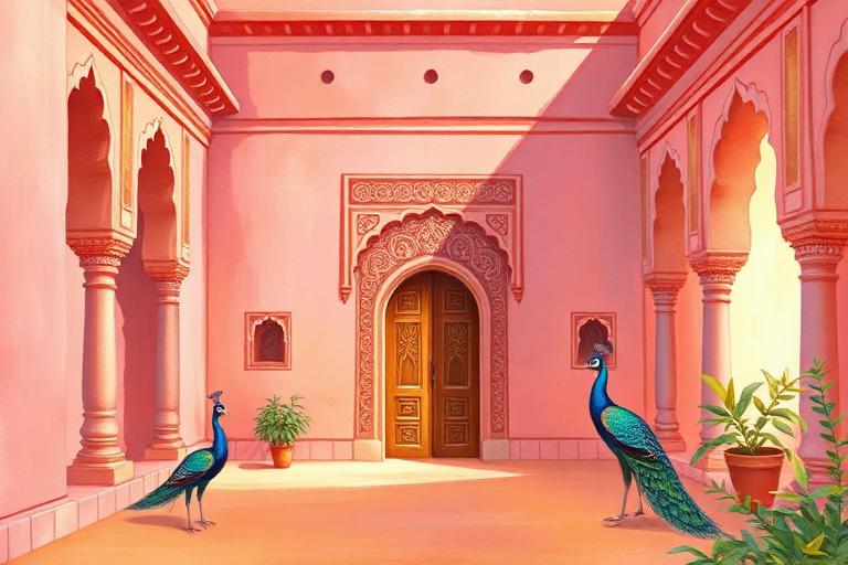 Illustration of a pink Rajasthani palace courtyard with peacocks