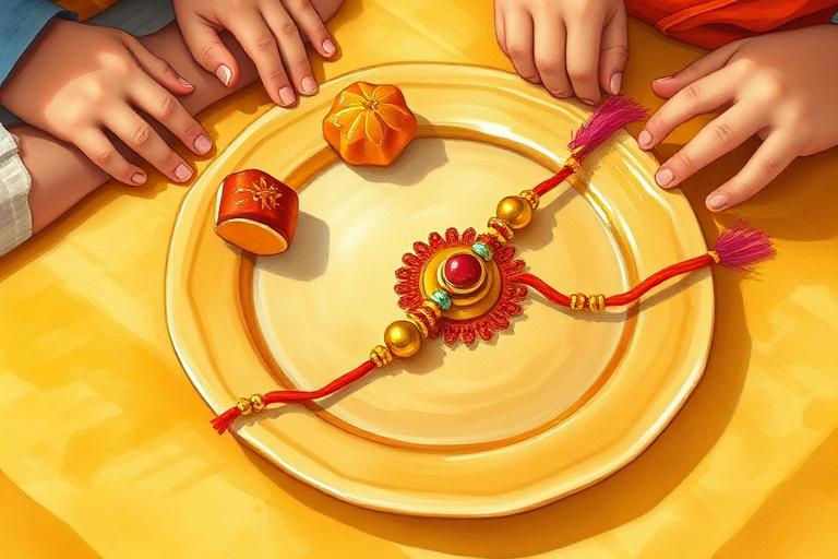 Illustration of a decorated rakhi thread on a festive plate
