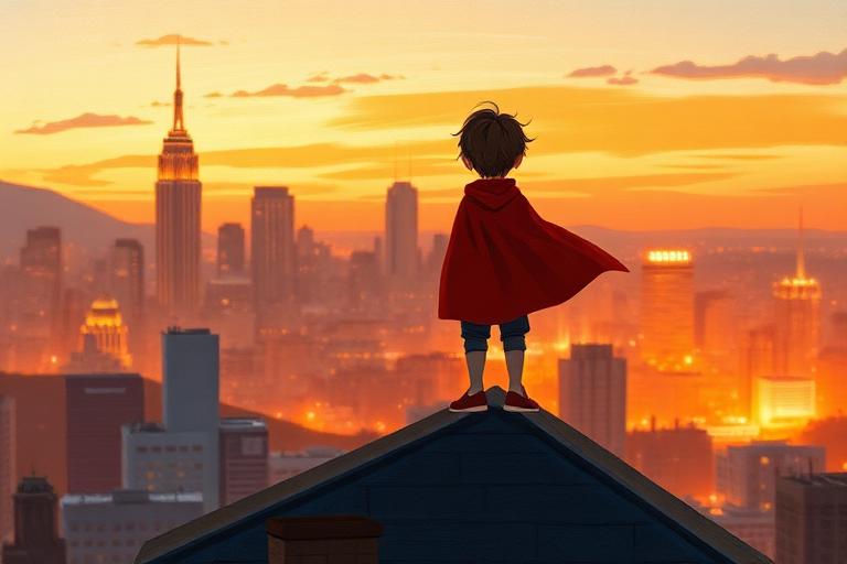 Illustration of a child in a red cape on a rooftop above a city at dusk