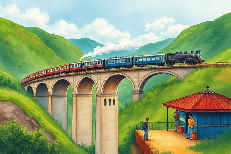 Illustration of an Indian train crossing a green valley viaduct