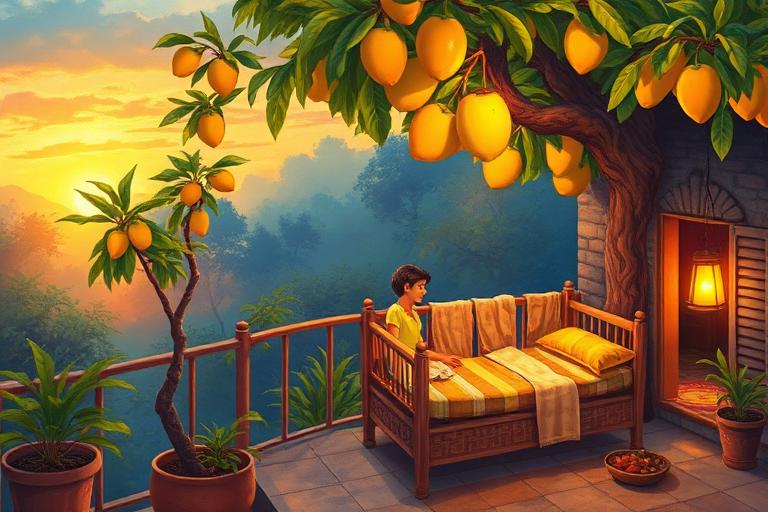 Illustration of a village terrace at dusk under a mango tree